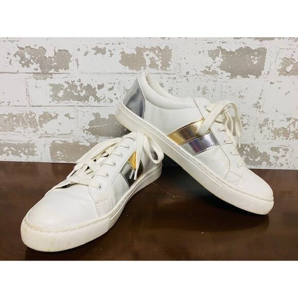 J Crew Road Trip Sneaker W/ Silver & Gold Band Design - 8.5 - Picture 1 of 8